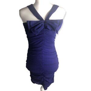 Boutique Ruched Mesh Overlay Front Bow Bodycon Dress - S